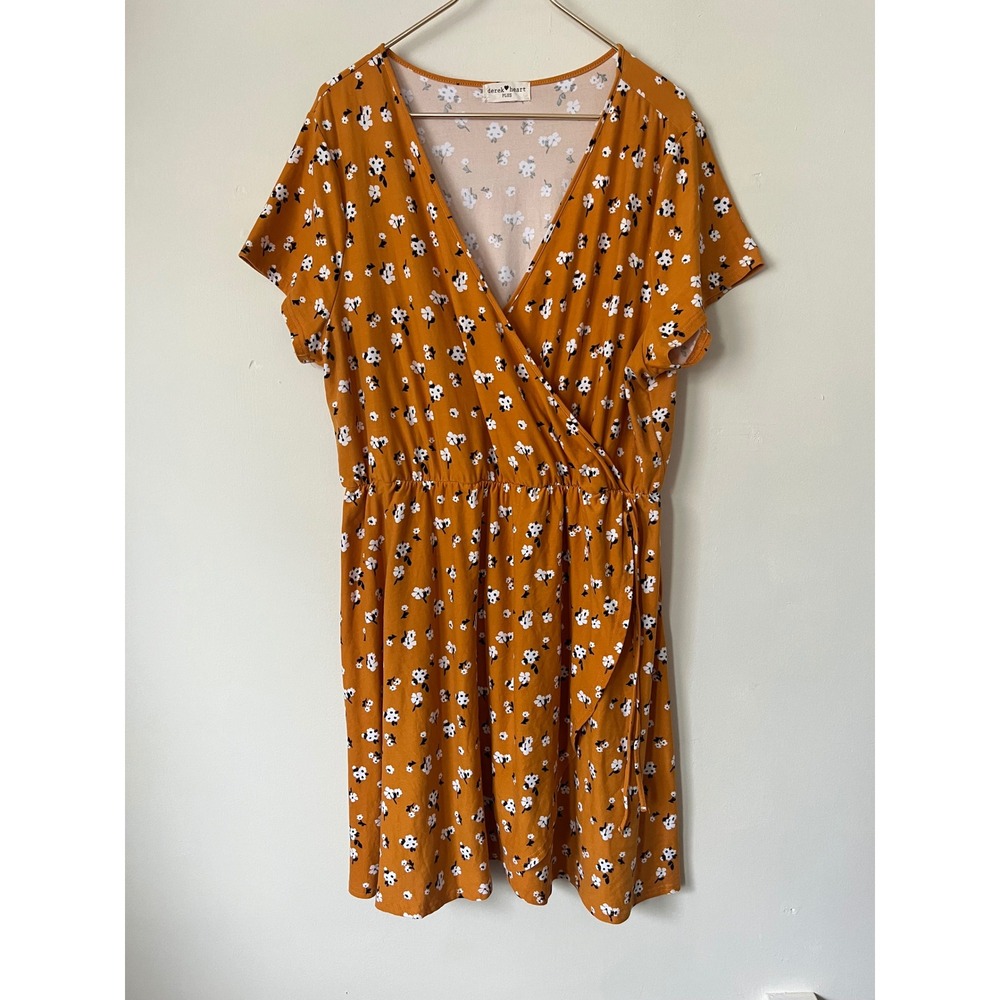 Derek Heart Plus Mustard Yellow Floral Faux Wrap Mini Dress 3X Short Sleeve